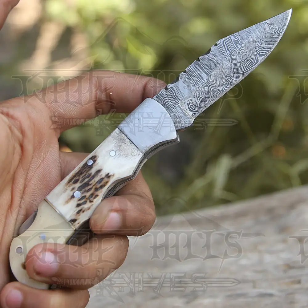 White Hills Knives Handmade Forged Damascus Steel Hunting Folding Camping Pocket Knife With Stag Antler Camel Bone & Steel Bolster Handle WH 3986 - Angler's Pro Tackle & Outdoors