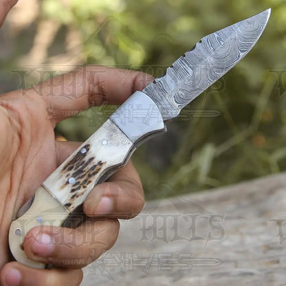 White Hills Knives Handmade Forged Damascus Steel Hunting Folding Camping Pocket Knife With Stag Antler Camel Bone & Steel Bolster Handle WH 3986 - Angler's Pro Tackle & Outdoors