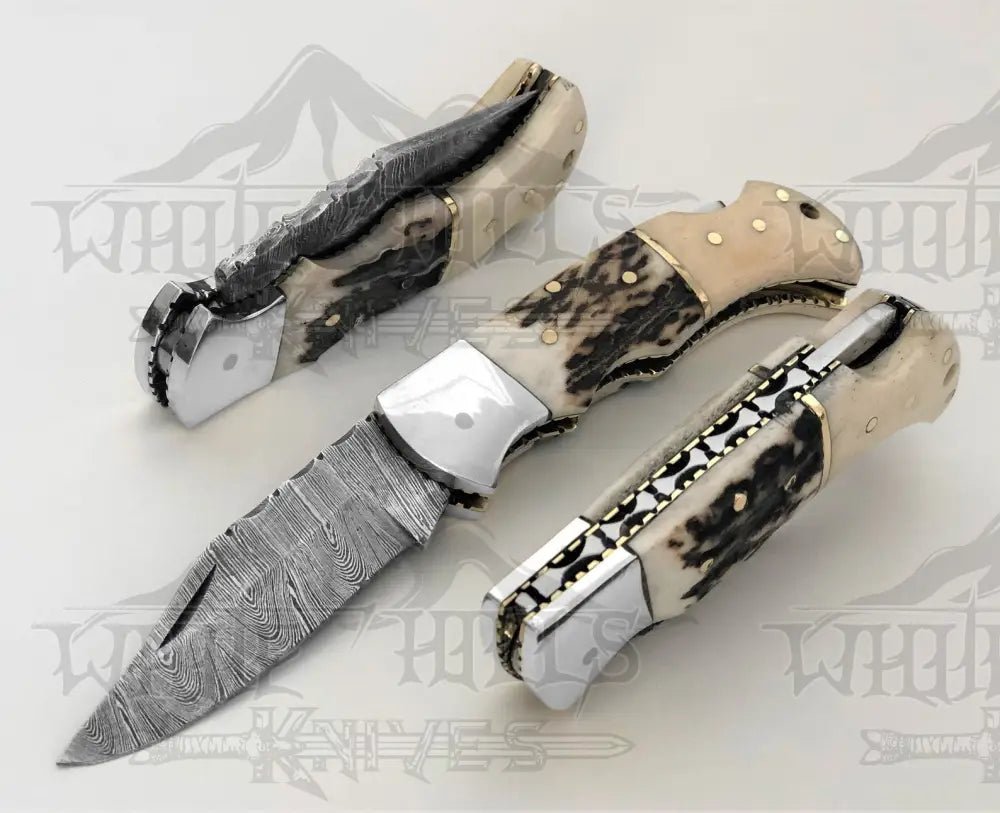 White Hills Knives Handmade Forged Damascus Steel Hunting Folding Camping Pocket Knife With Stag Antler Camel Bone & Steel Bolster Handle WH 3986 - Angler's Pro Tackle & Outdoors