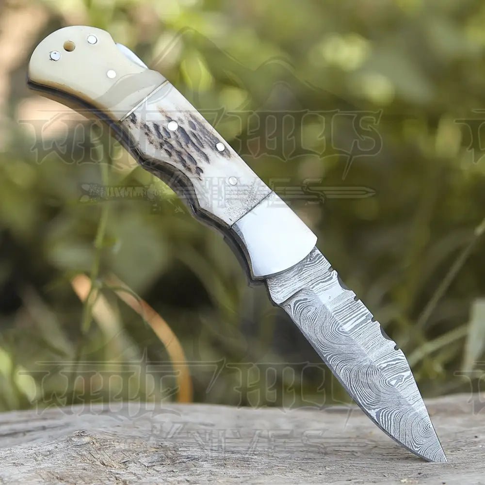 White Hills Knives Handmade Forged Damascus Steel Hunting Folding Camping Pocket Knife With Stag Antler Camel Bone & Steel Bolster Handle WH 3986 - Angler's Pro Tackle & Outdoors