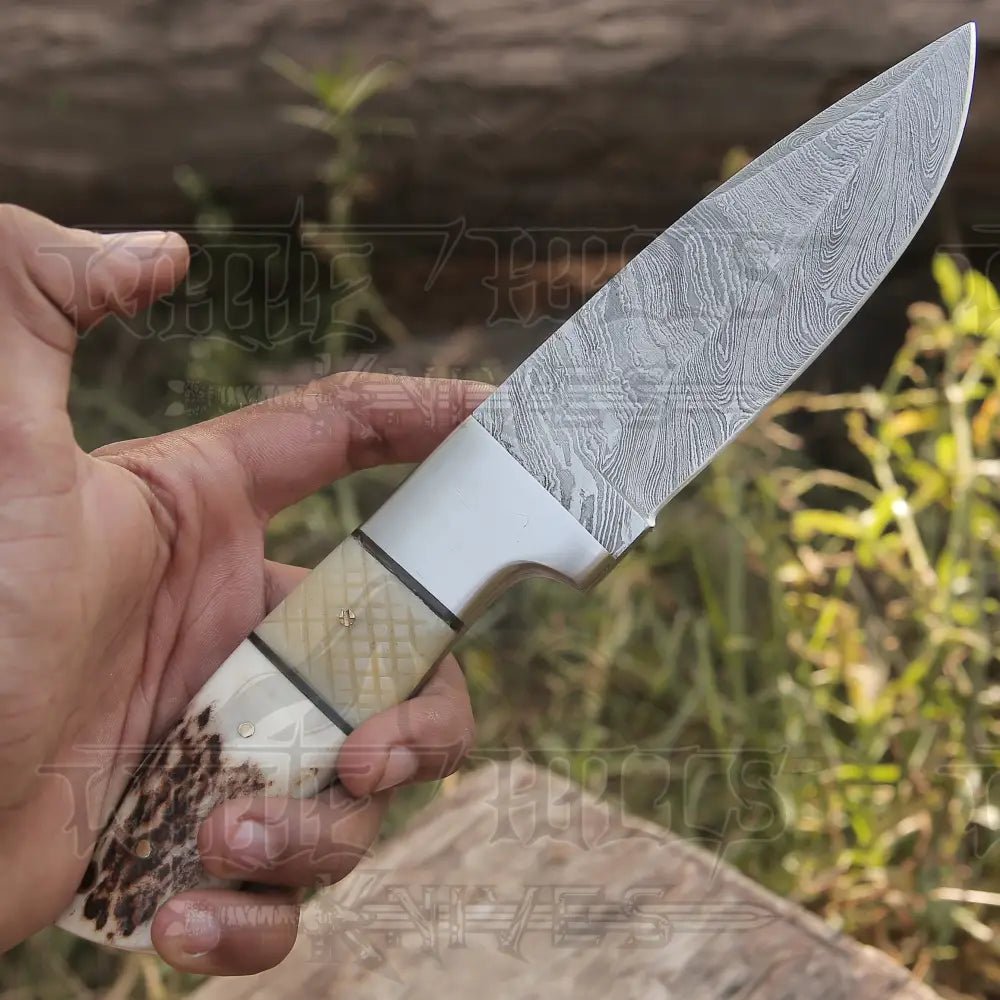 White Hills Knives Handmade Forged Damascus Steel Hunting Skinner Knife EDC 9” - V3 With Stag Antler & Engraved Camel Bone Handle WH 4428 - Angler's Pro Tackle & Outdoors