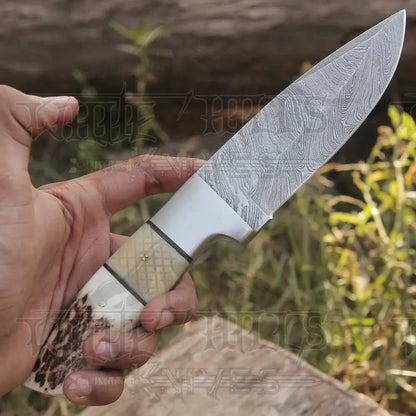 White Hills Knives Handmade Forged Damascus Steel Hunting Skinner Knife EDC 9” - V3 With Stag Antler & Engraved Camel Bone Handle WH 4428 - Angler's Pro Tackle & Outdoors