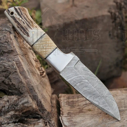 White Hills Knives Handmade Forged Damascus Steel Hunting Skinner Knife EDC 9” - V3 With Stag Antler & Engraved Camel Bone Handle WH 4428 - Angler's Pro Tackle & Outdoors
