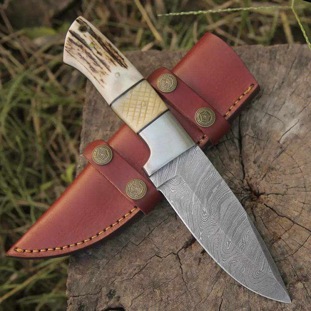 White Hills Knives Handmade Forged Damascus Steel Hunting Skinner Knife EDC 9” - V3 With Stag Antler & Engraved Camel Bone Handle WH 4428 - Angler's Pro Tackle & Outdoors