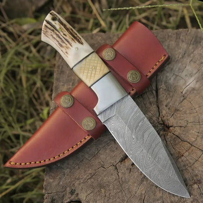 White Hills Knives Handmade Forged Damascus Steel Hunting Skinner Knife EDC 9” - V3 With Stag Antler & Engraved Camel Bone Handle WH 4428 - Angler's Pro Tackle & Outdoors