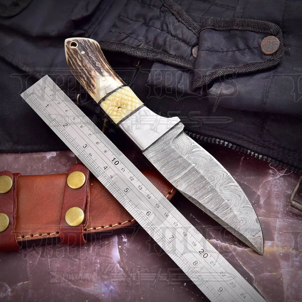 White Hills Knives Handmade Forged Damascus Steel Hunting Skinner Knife EDC 9” - V3 With Stag Antler & Engraved Camel Bone Handle WH 4428 - Angler's Pro Tackle & Outdoors