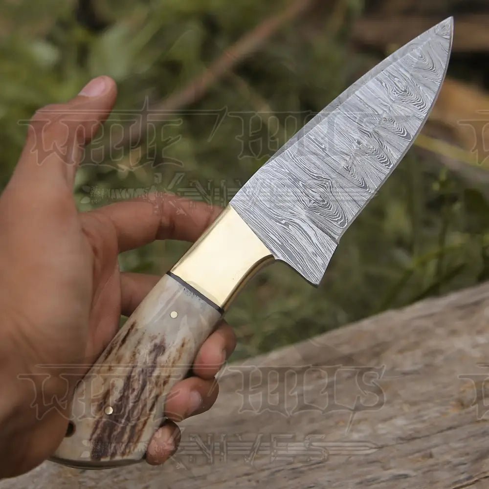 White Hills Knives Handmade Forged Damascus Steel Hunting Skinner Knife EDC 9” V3 With Stag Antler & Engraved Camel Bone Handle WH 4429 - Angler's Pro Tackle & Outdoors
