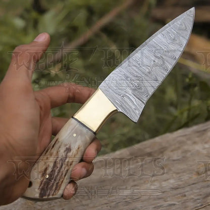 White Hills Knives Handmade Forged Damascus Steel Hunting Skinner Knife EDC 9” V3 With Stag Antler & Engraved Camel Bone Handle WH 4429 - Angler's Pro Tackle & Outdoors