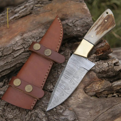 White Hills Knives Handmade Forged Damascus Steel Hunting Skinner Knife EDC 9” V3 With Stag Antler & Engraved Camel Bone Handle WH 4429 - Angler's Pro Tackle & Outdoors