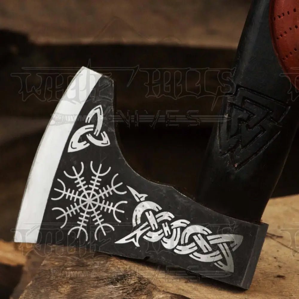 White Hills Knives Handmade High Carbon Steel Tomahawk Axe Integral Viking Collectible Olive Wood W/ leather Wrap - Angler's Pro Tackle & Outdoors