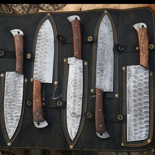 White Hills Knives The Black Rose | Damascus 5 Piece Chef Knife Set & Leather Roll - Angler's Pro Tackle & Outdoors