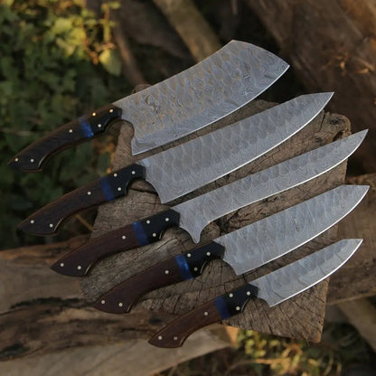 White Hills Knives The Orchid - Handmade Damascus Chef Knife Set - 5 Pieces Forged Kitchen Knife Set - Angler's Pro Tackle & Outdoors