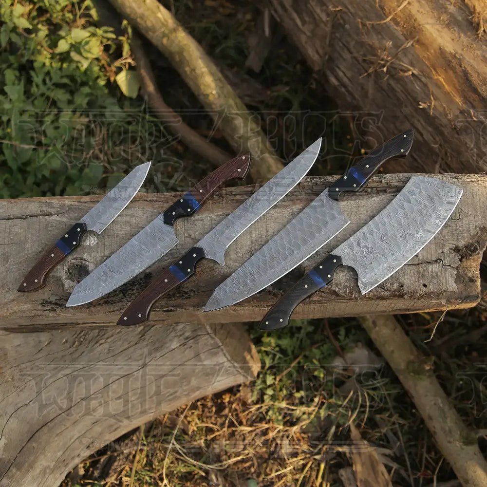 White Hills Knives The Orchid - Handmade Damascus Chef Knife Set - 5 Pieces Forged Kitchen Knife Set - Angler's Pro Tackle & Outdoors