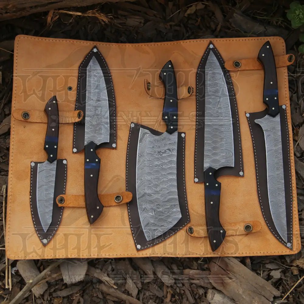 White Hills Knives The Orchid - Handmade Damascus Chef Knife Set - 5 Pieces Forged Kitchen Knife Set - Angler's Pro Tackle & Outdoors