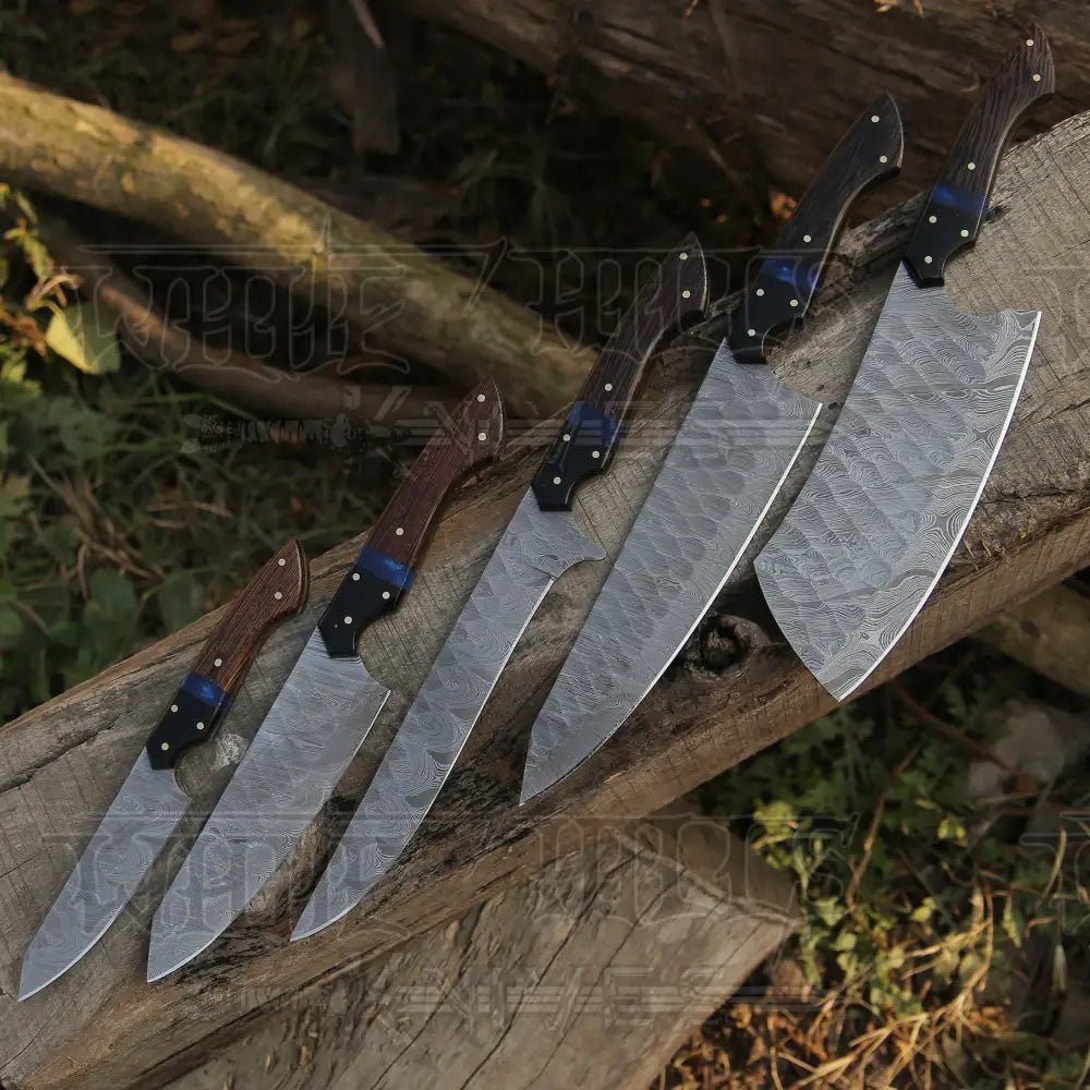 White Hills Knives The Orchid - Handmade Damascus Chef Knife Set - 5 Pieces Forged Kitchen Knife Set - Angler's Pro Tackle & Outdoors
