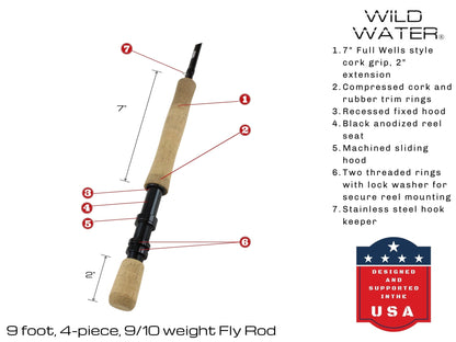 Wild Water Fly Fishing 9 ft 9/10 wt 4 Piece Fly Rod - Angler's Pro Tackle & Outdoors