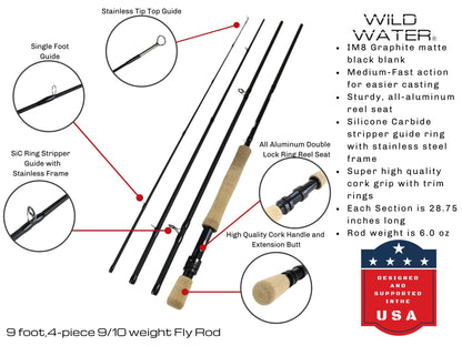 Wild Water Fly Fishing 9 ft 9/10 wt 4 Piece Fly Rod - Angler's Pro Tackle & Outdoors