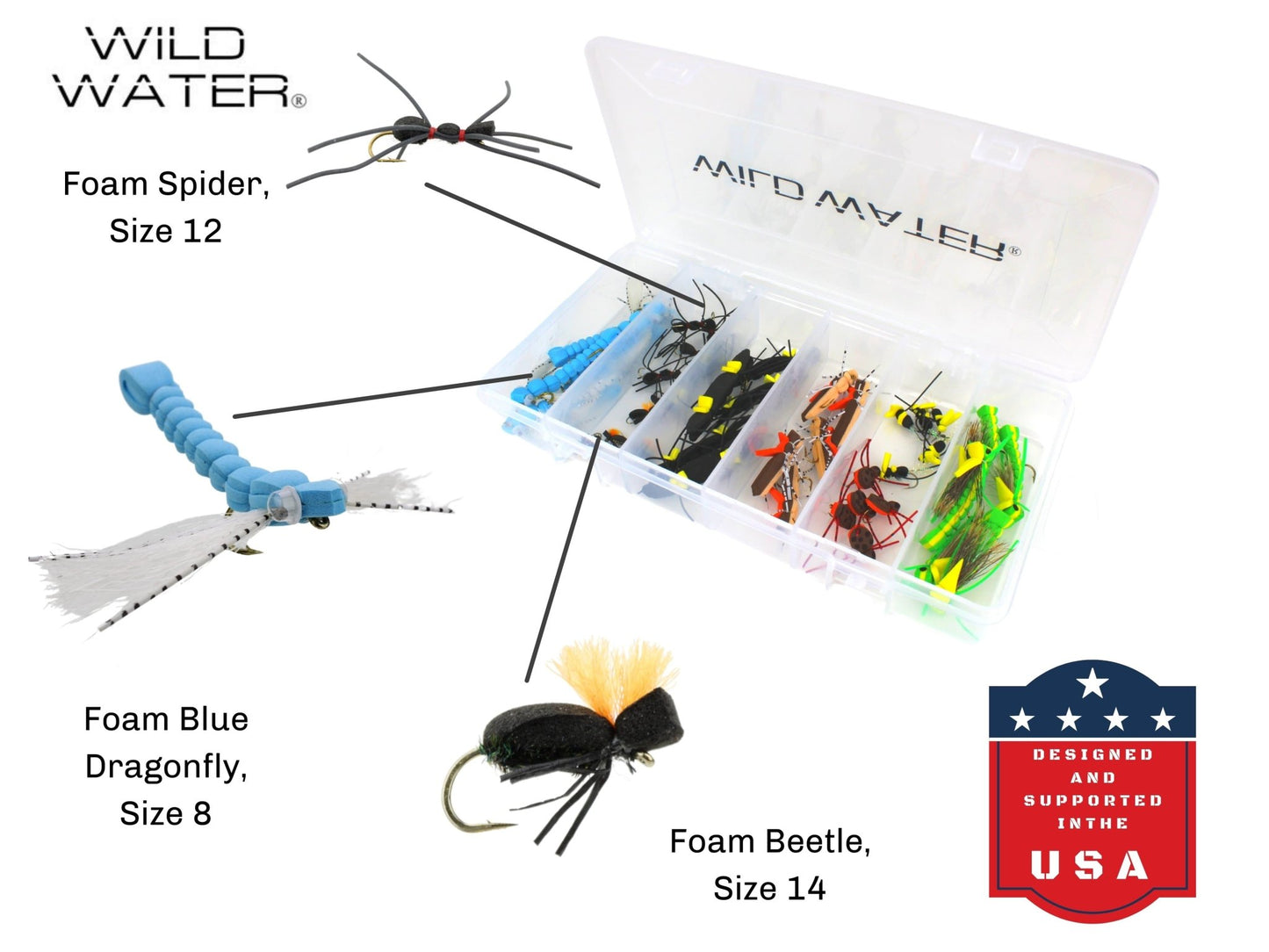 Wild Water Foam Fly Assortment, 40 Flies with Large 6 Section Fly Box - Angler's Pro Tackle & Outdoors