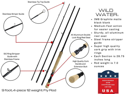 Wild Water Standard Fly Fishing Combo 9 ft, 4-Piece, 12 wt Rod - Angler's Pro Tackle & Outdoors