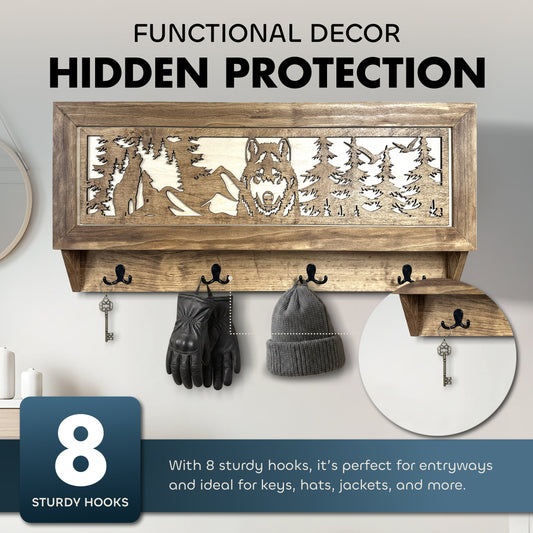 Bellewood Designs - Wolf in the Wild Hidden Gun Storage - Coat Rack Concealment Shelf with Hooks for Coats, Bags, & Hats - Quick Access Hidden Gun Shelf - Secure Magnetic Lock