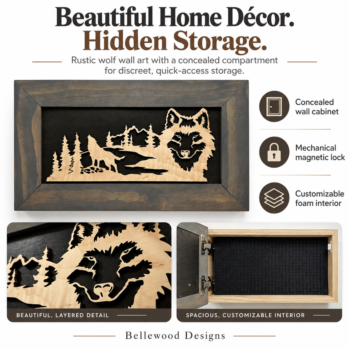 Bellewood Designs - Wall-Mounted Gun Cabinet Wolf Scenery Wall Decoration - Gun Safe To Securely Store Your Gun In Plain Sight