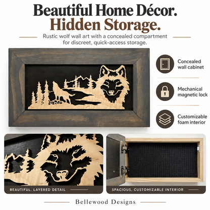 Bellewood Designs - Wall-Mounted Gun Cabinet Wolf Scenery Wall Decoration - Gun Safe To Securely Store Your Gun In Plain Sight