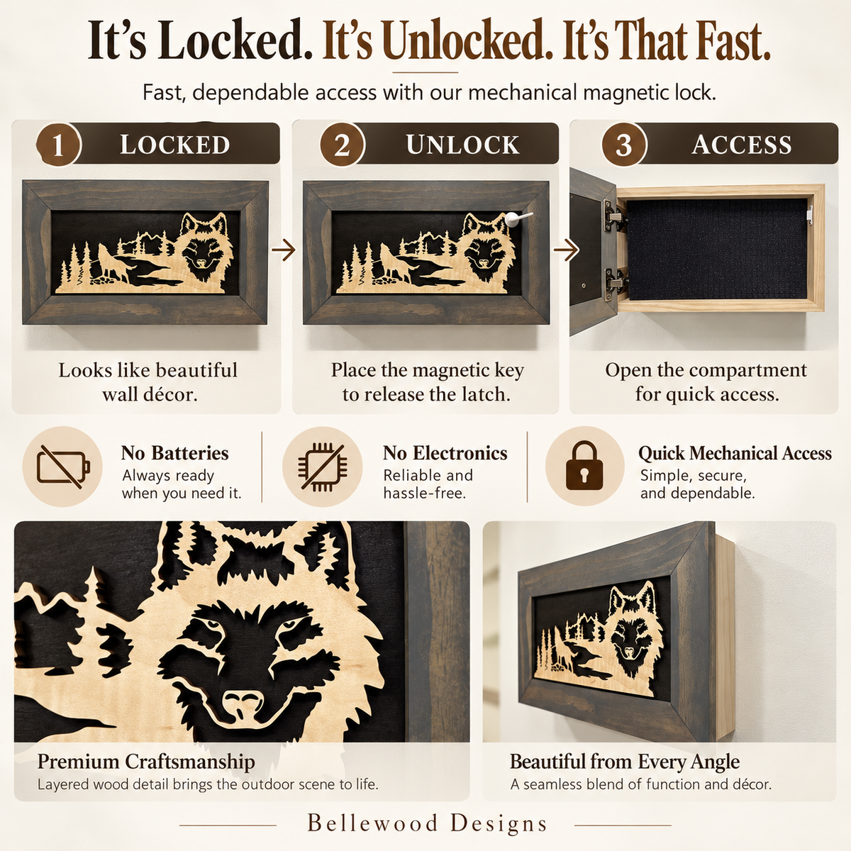 Bellewood Designs - Wall-Mounted Gun Cabinet Wolf Scenery Wall Decoration - Gun Safe To Securely Store Your Gun In Plain Sight