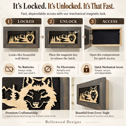 Bellewood Designs - Wall-Mounted Gun Cabinet Wolf Scenery Wall Decoration - Gun Safe To Securely Store Your Gun In Plain Sight