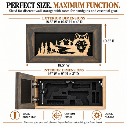 Bellewood Designs - Wall-Mounted Gun Cabinet Wolf Scenery Wall Decoration - Gun Safe To Securely Store Your Gun In Plain Sight