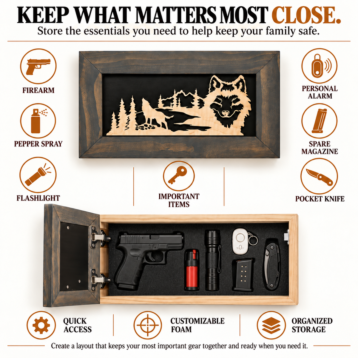 Bellewood Designs - Wall-Mounted Gun Cabinet Wolf Scenery Wall Decoration - Gun Safe To Securely Store Your Gun In Plain Sight