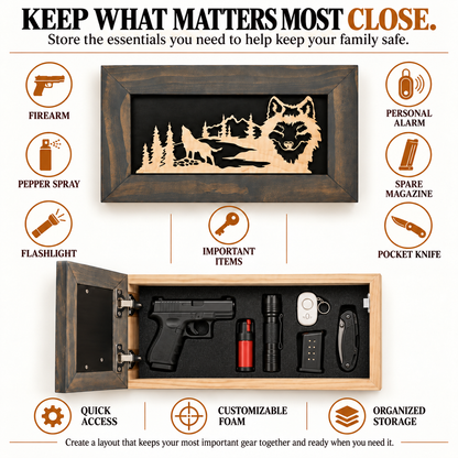 Bellewood Designs - Wall-Mounted Gun Cabinet Wolf Scenery Wall Decoration - Gun Safe To Securely Store Your Gun In Plain Sight