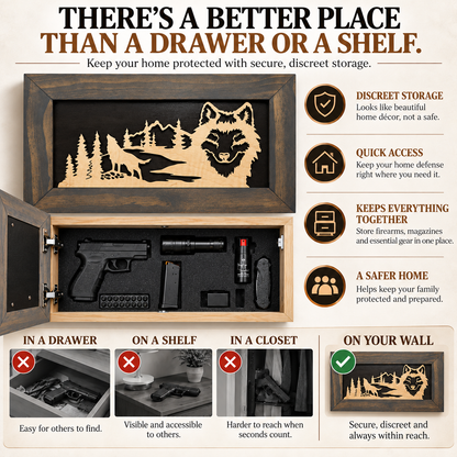 Bellewood Designs - Wall-Mounted Gun Cabinet Wolf Scenery Wall Decoration - Gun Safe To Securely Store Your Gun In Plain Sight