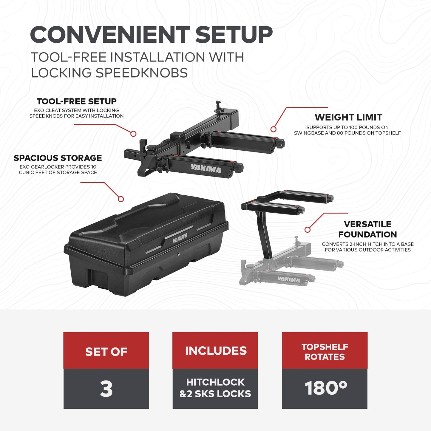 Yakima EXO SwingBase Hitch Base Rack with GearLocker Cargo Box and TopShelf Rack - Angler's Pro Tackle & Outdoors