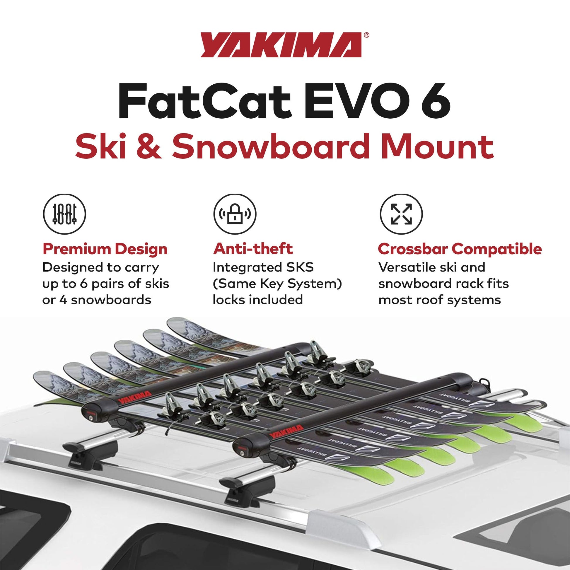 YAKIMA FatCat EVO 6 Skis or 4 Snowboards Mount Roof Rack, Fits T - Slot Crossbars - Angler's Pro Tackle & Outdoors