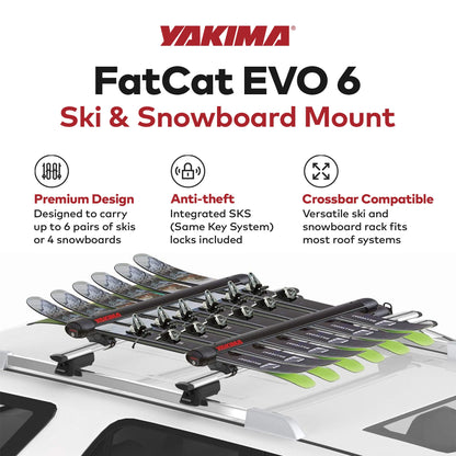 YAKIMA FatCat EVO 6 Skis or 4 Snowboards Mount Roof Rack, Fits T - Slot Crossbars - Angler's Pro Tackle & Outdoors