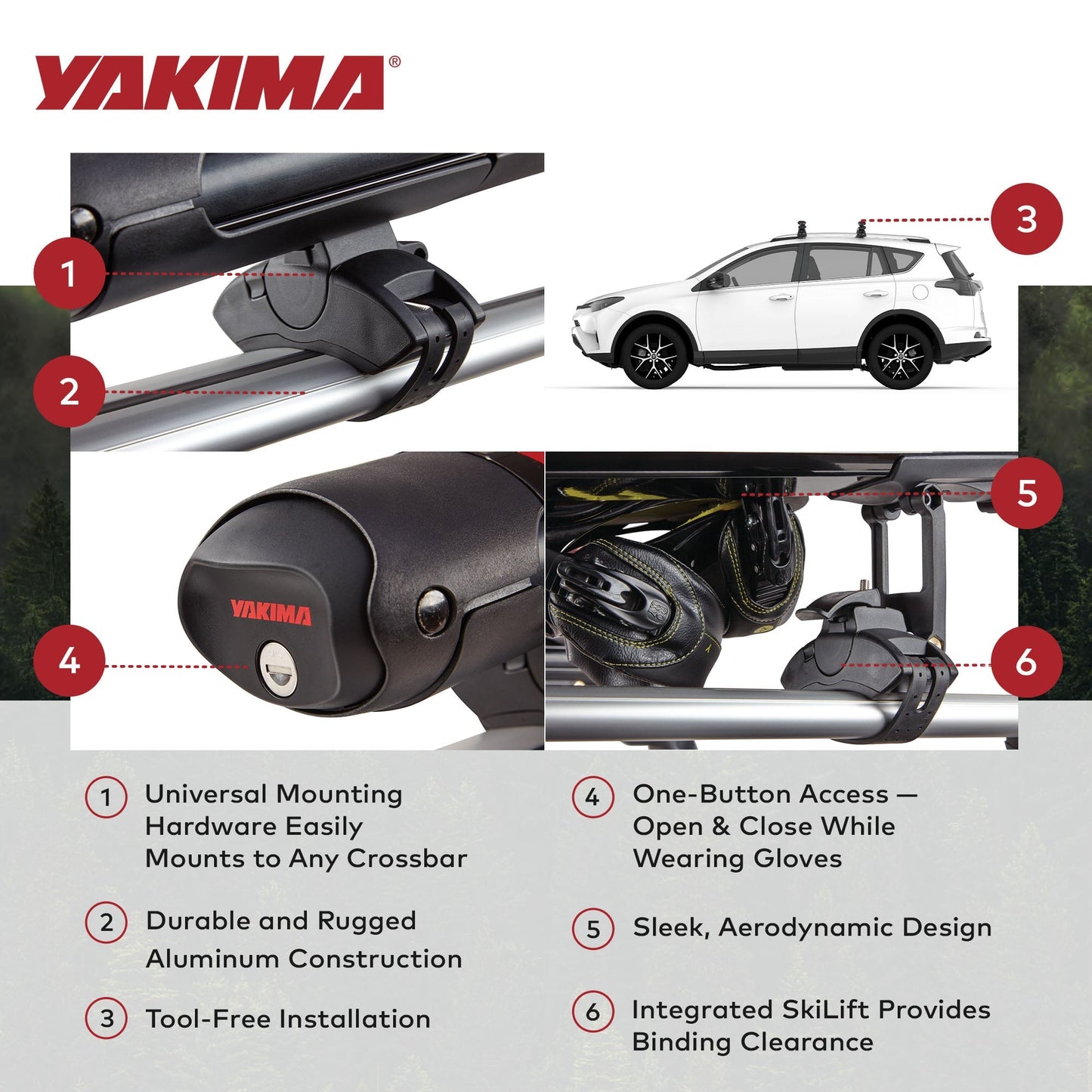 YAKIMA FatCat EVO 6 Skis or 4 Snowboards Mount Roof Rack, Fits T - Slot Crossbars - Angler's Pro Tackle & Outdoors