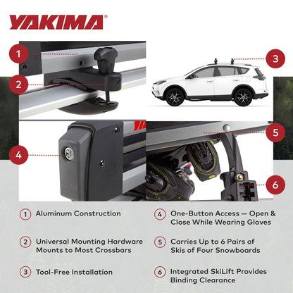 Yakima FreshTrack 6 Universal Car Roof Top Mount Ski and Snowboard Rack, Black - Angler's Pro Tackle & Outdoors