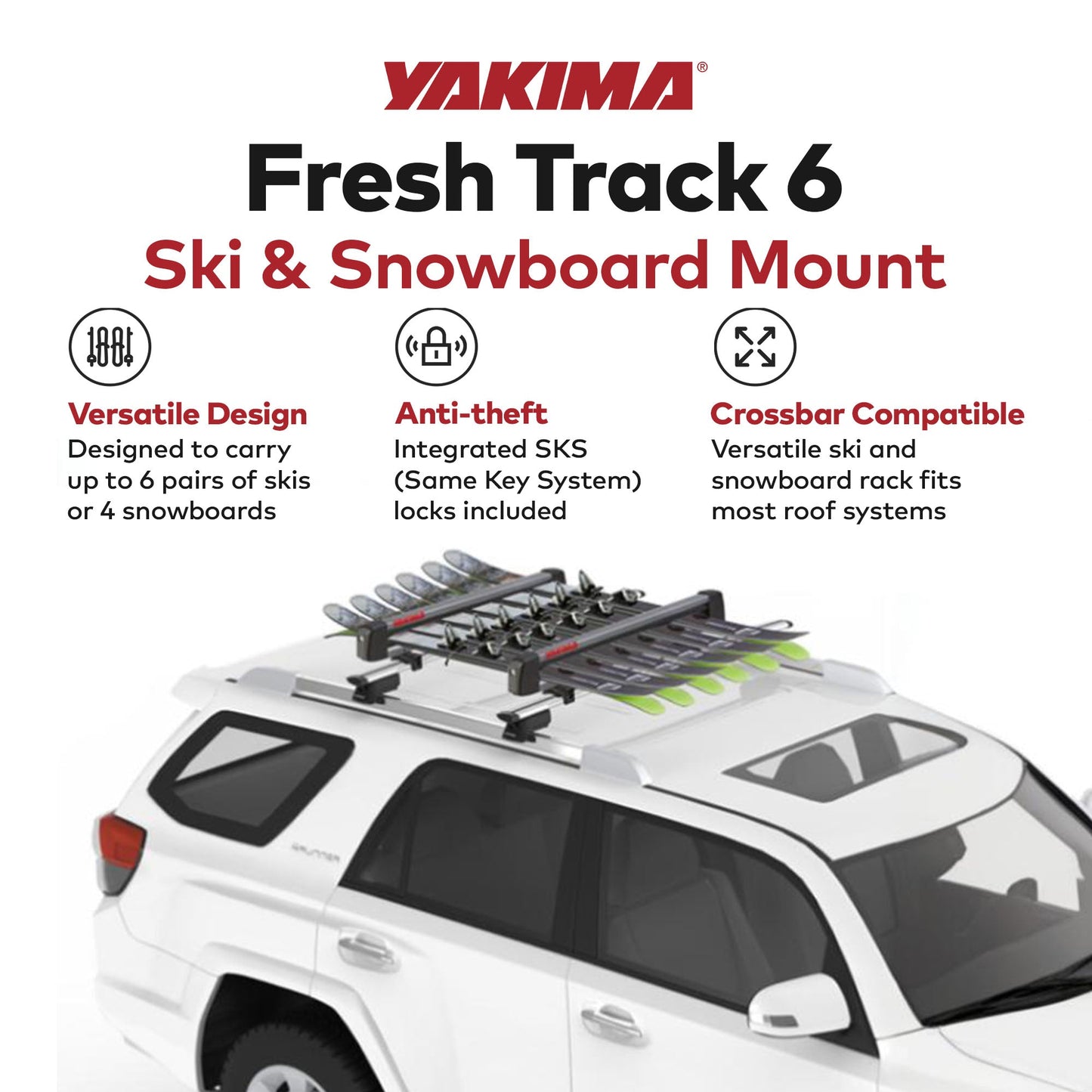 Yakima FreshTrack 6 Universal Car Roof Top Mount Ski and Snowboard Rack, Black - Angler's Pro Tackle & Outdoors