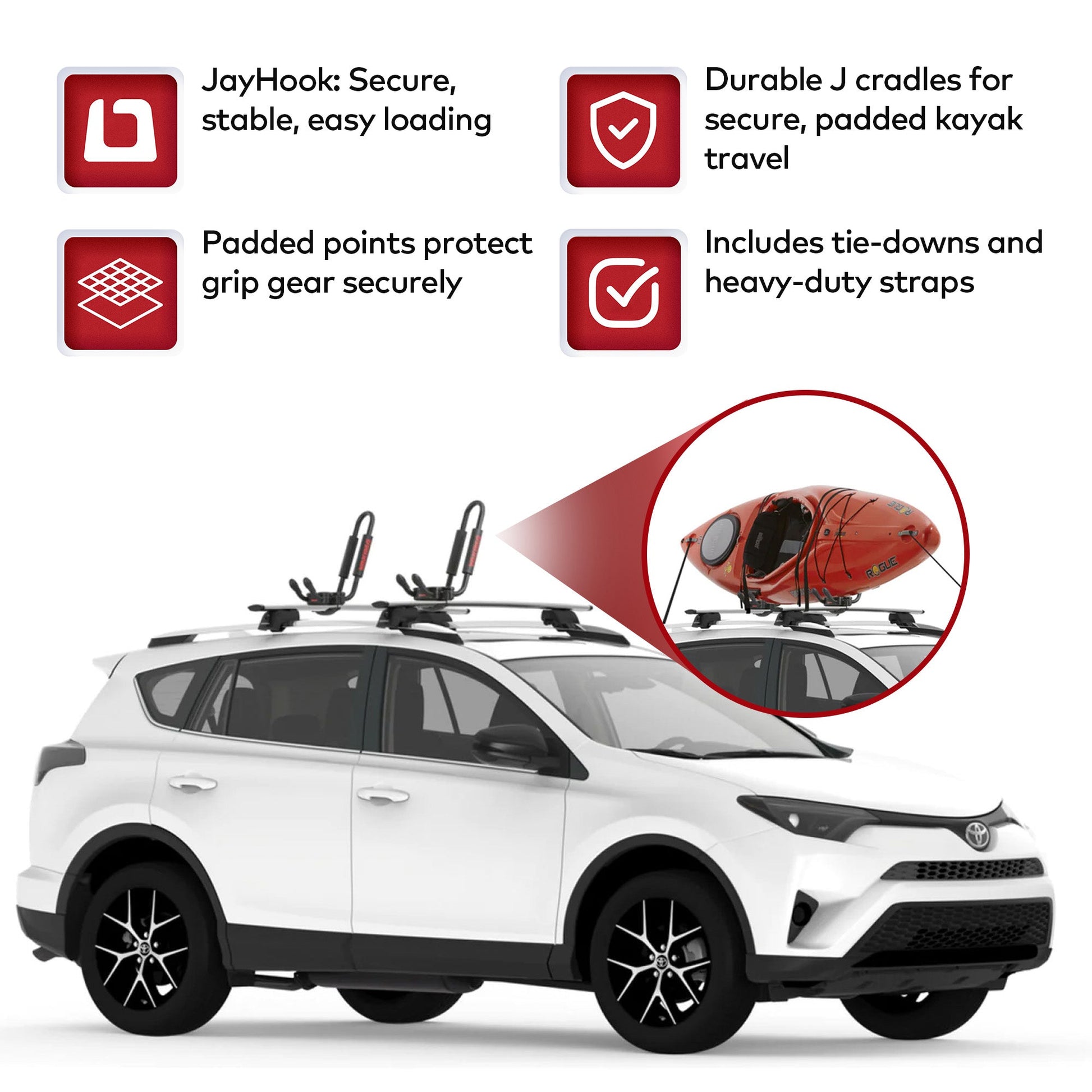 YAKIMA JayHook J - Cradle Rooftop 1 Kayak Mount, Roof Rack w/Padding & Tie Downs - Angler's Pro Tackle & Outdoors