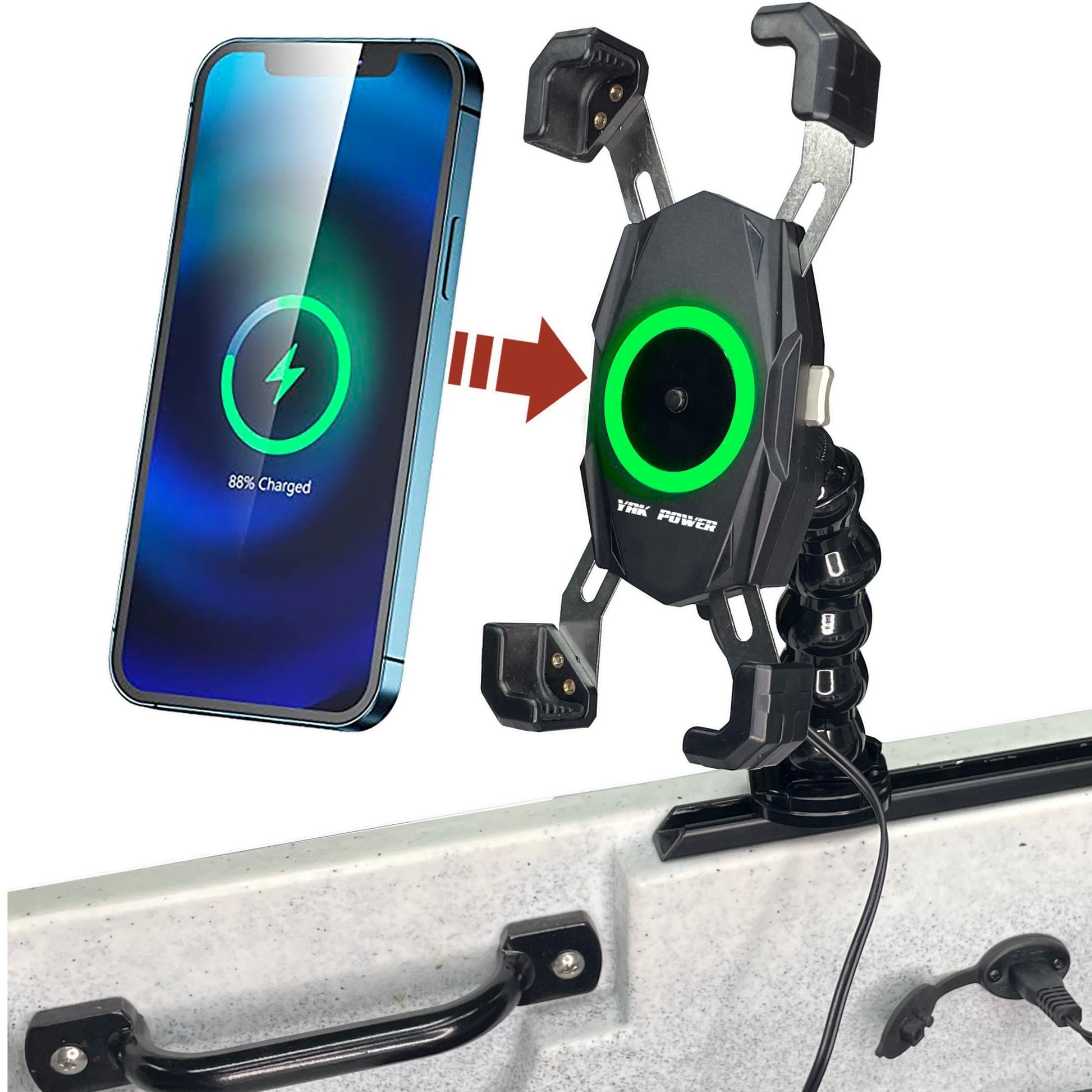 YP - MPWC 12 Volt Mobile Phone Wireless Fast Charger (15W) | One Hand Operation | 360 Degree Adjustable Gooseneck Action Mount - Angler's Pro Tackle & Outdoors